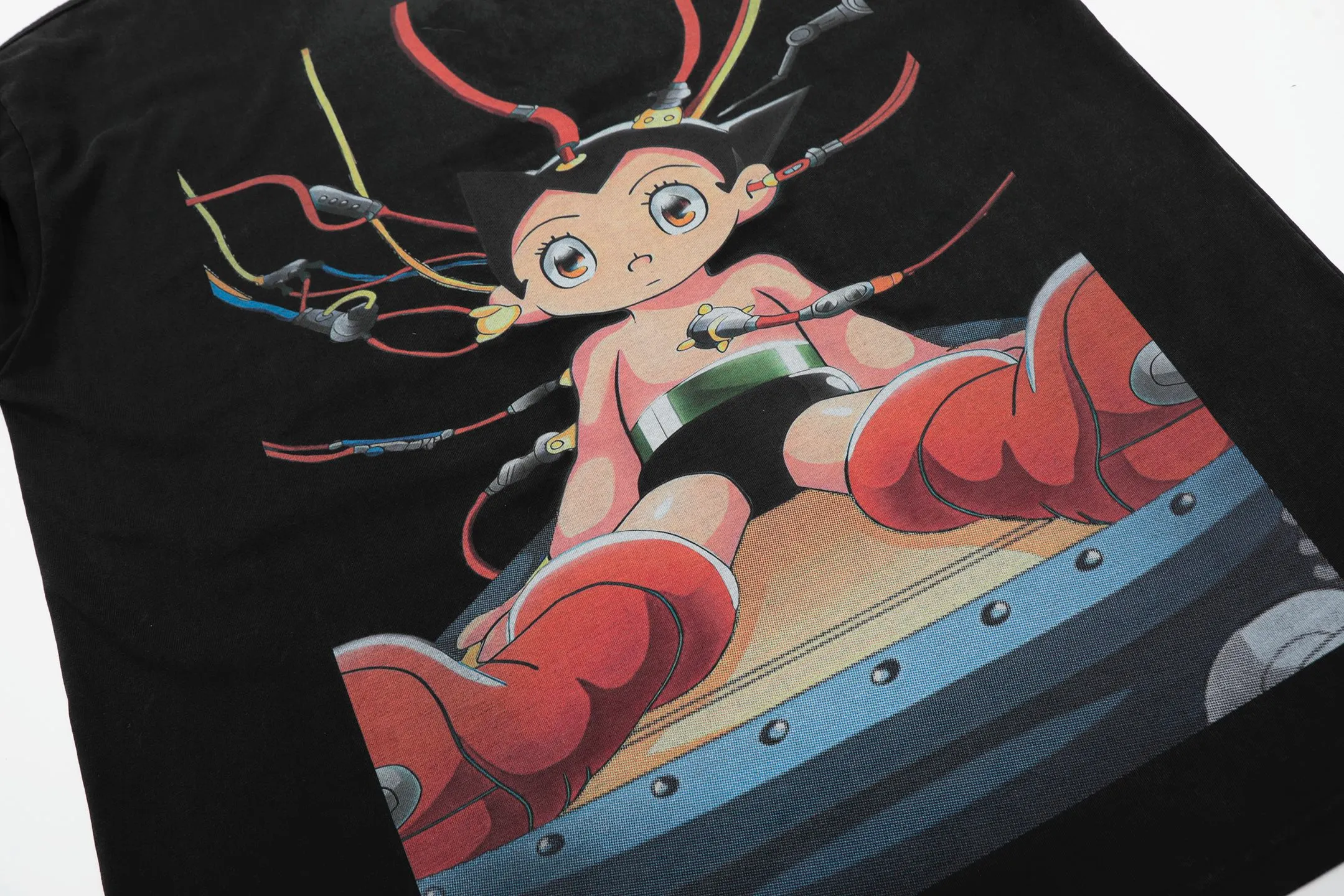 VT9217 P130💰 Saint Michael Astro Boy cartoon portrait retro washed distressed short-sleeved T-shirt small neckline design white ink digital direct printing high street retro heavy distressed washed Vintage short sleeves Size: S M L XL